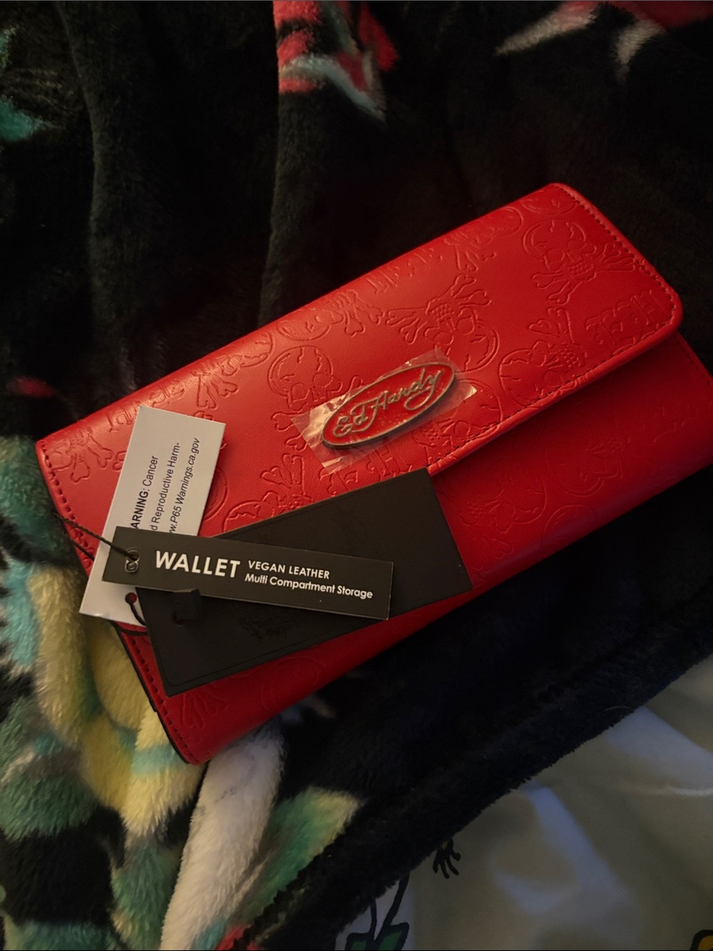 Ed Hardy Red Embossed Vegan Leather Wallet